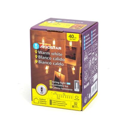 Aigostar - LED-koristevalosarja 40 LED / 5 W / USB, 9 m, lämpimän valkoinen