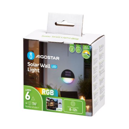 Aigostar - LED RGB aurinkokäyttöinen seinävalaisin LED/1W/1,2V musta IP44 200 mAh