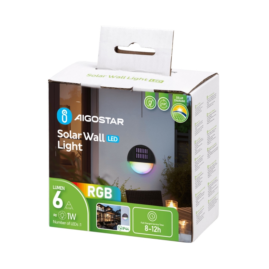 Aigostar - LED RGB aurinkokäyttöinen seinävalaisin LED/1W/1,2V musta IP44 200 mAh