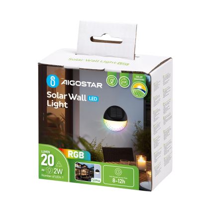 Aigostar - LED RGB aurinkokäyttöinen seinävalaisin LED/2W/1,2V 300 mAh musta IP44