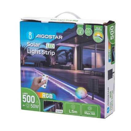 Aigostar - LED RGB Himmennettävä aurinkokenno valonauha LED/5W/3,2V 5+2m IP65 4000 mAh + kauko-ohjaus
