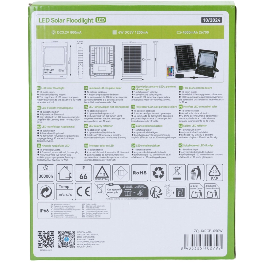 Aigostar - LED RGB himmennettävä aurinkokohdevalo LED/50W/3,2V IP66 4000 mAh + kaukosäädin