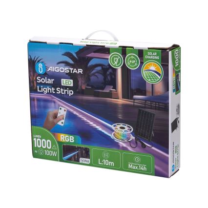 Aigostar - LED RGB himmennettävä aurinkokennonauha LED/10W/3,2V 10 m IP65 8000 mAh + kaukosäädin