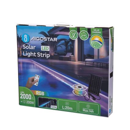Aigostar - LED RGB himmennettävä aurinkokäyttöinen LED-nauha LED/20W/3,2V 20 m IP65 20000 mAh + kaukosäädin