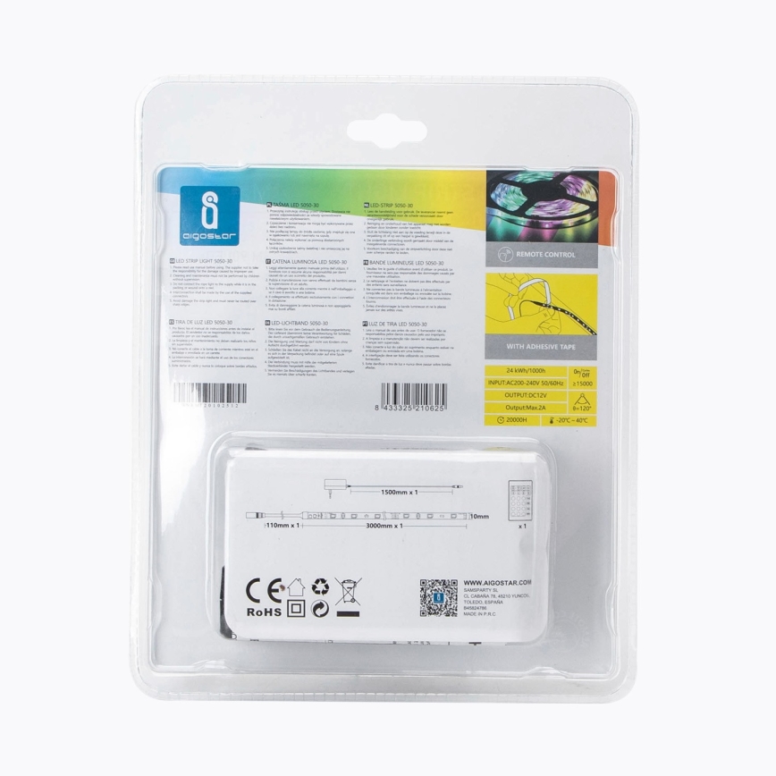 Aigostar - LED RGB Himmennettävä nauha 3m LED/24W/12/230V IP65 + kaukosäädin