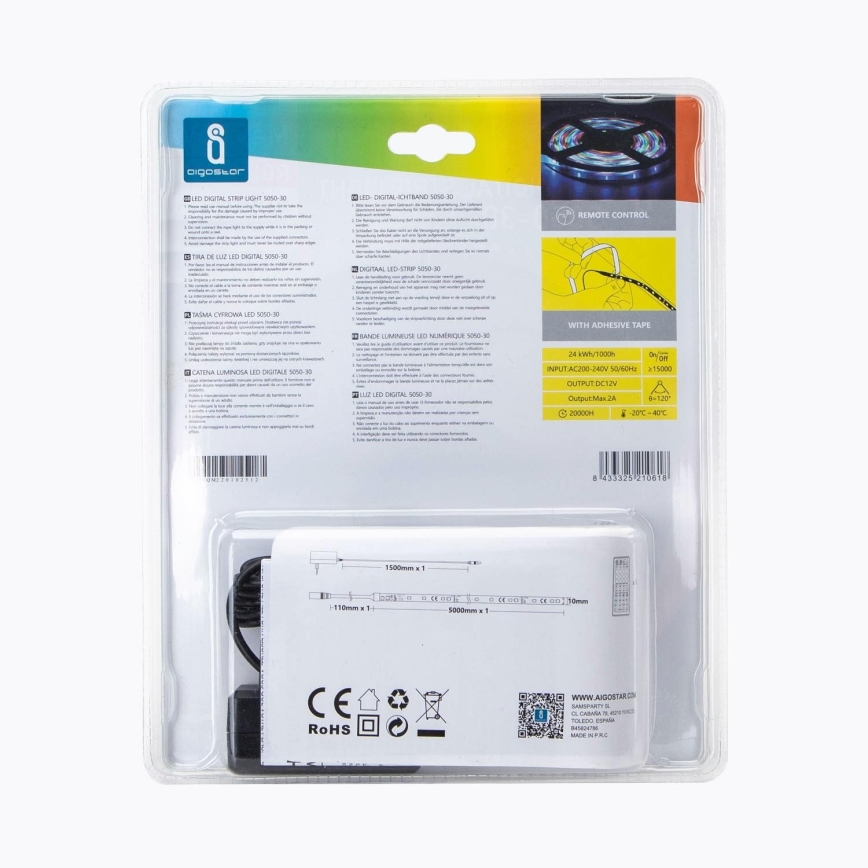 Aigostar - LED RGB Himmennettävä ulkovalonauha 5m LED/24W/12/230V IP65 + kaukosäädin