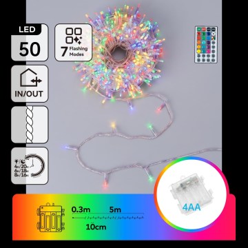 Aigostar - LED RGB ulkokäyttöön sopiva joulukoristevalosarja 50xLED/7 toimintoa 4xAA 5,3m IP44 monivärinen + kaukosäädin