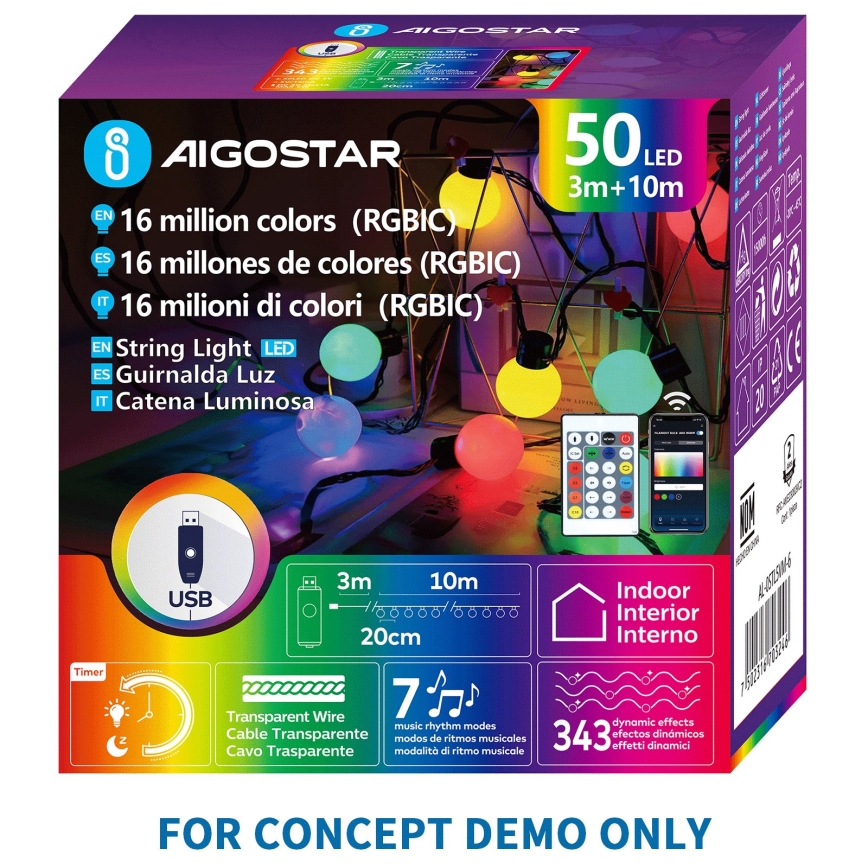 Aigostar - LED RGBIC Koristevaloketju 25xLED/5W/USB 5 m monivärinen