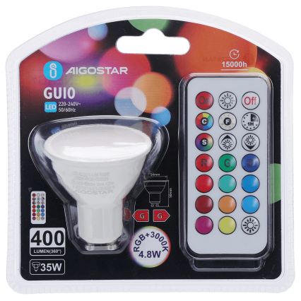 Aigostar - LED RGBW himmennettävä GU10-polttimo 4,8 W/230 V 3000 K + kaukosäädin
