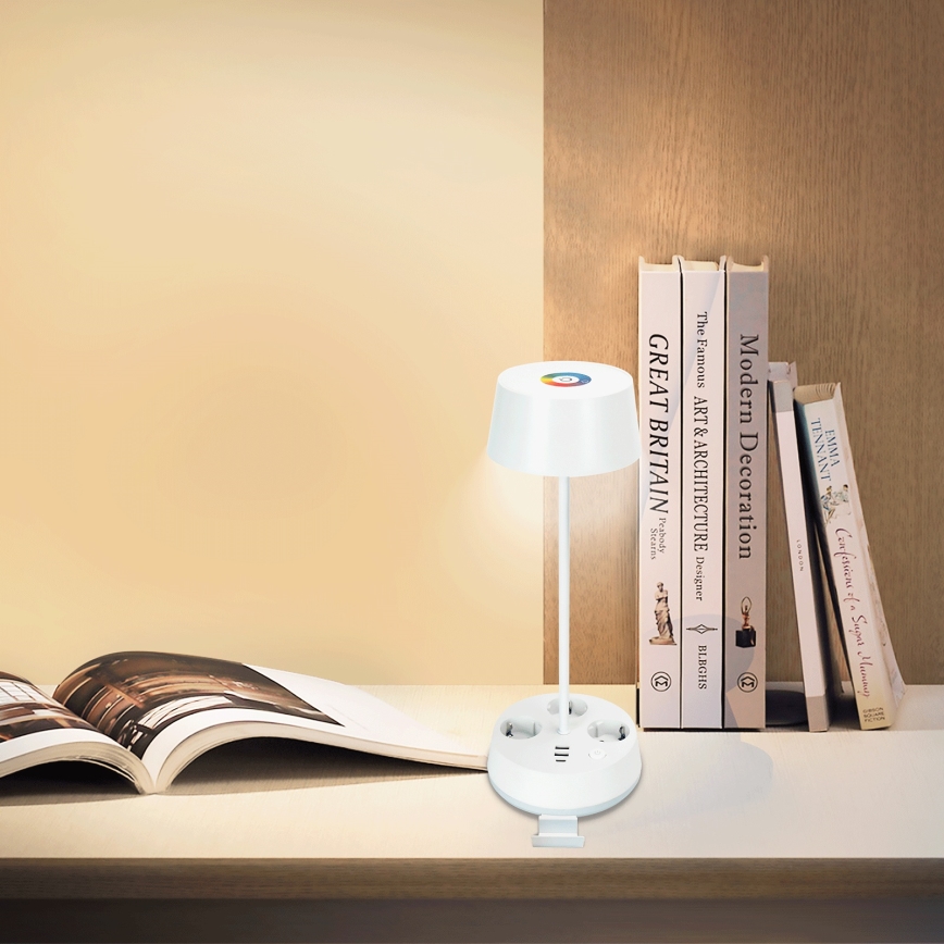Aigostar - LED RGBW himmennettävä pöytälamppu pistorasioilla ja USB-portilla LED/4,6W/230V 3000/4000/6500K valkoinen