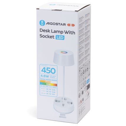 Aigostar - LED RGBW himmennettävä pöytälamppu pistorasioilla ja USB-portilla LED/4,6W/230V 3000/4000/6500K valkoinen