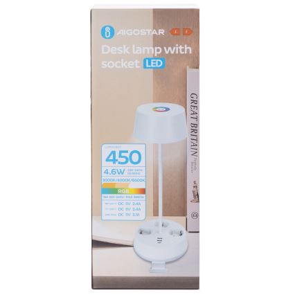 Aigostar - LED RGBW himmennettävä pöytälamppu pistorasioilla ja USB-portilla LED/4,6W/230V 3000/4000/6500K valkoinen