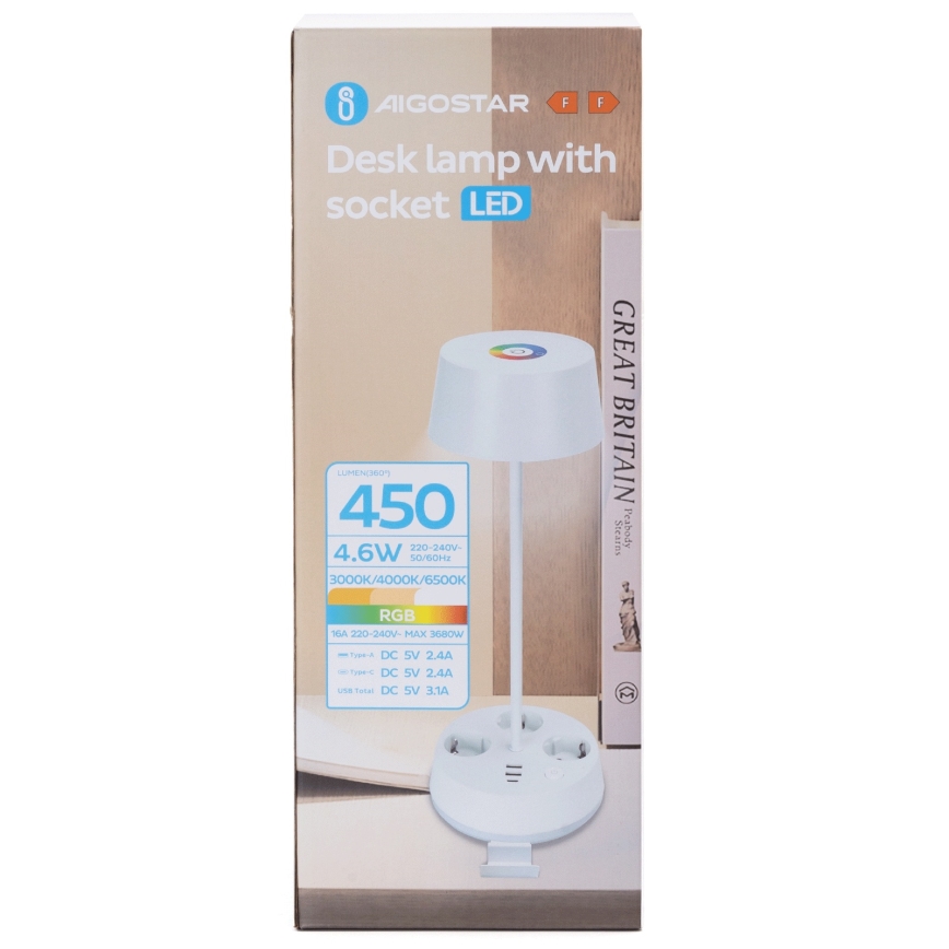 Aigostar - LED RGBW himmennettävä pöytälamppu pistorasioilla ja USB-portilla LED/4,6W/230V 3000/4000/6500K valkoinen