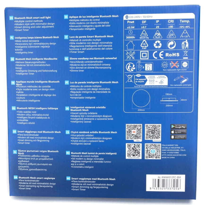 Aigostar - LED RGBW Himmennettävä seinävalaisin MESH Älykäs LED/12W/230V 2700-6500K musta + kauko-ohjaus