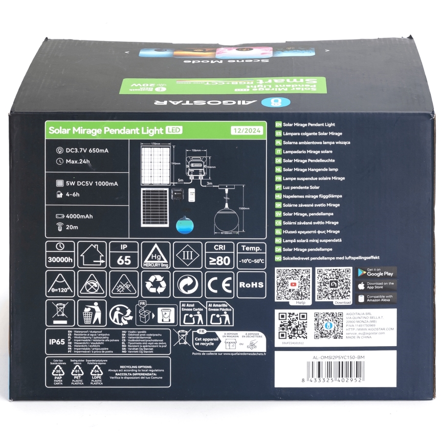 Aigostar - LED RGBW Himmennettävä aurinkokennolla toimiva kattokruunu MESH LED/20W/3,7V 4000 mAh 2700K-6500K IP65 halkaisija 15 cm