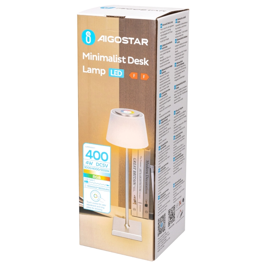 Aigostar - LED RGBW ulkokäyttöön himmennettävä ladattava pöytävalaisin LED/4W/5V 3600mAh valkoinen/matattu kromi IP54