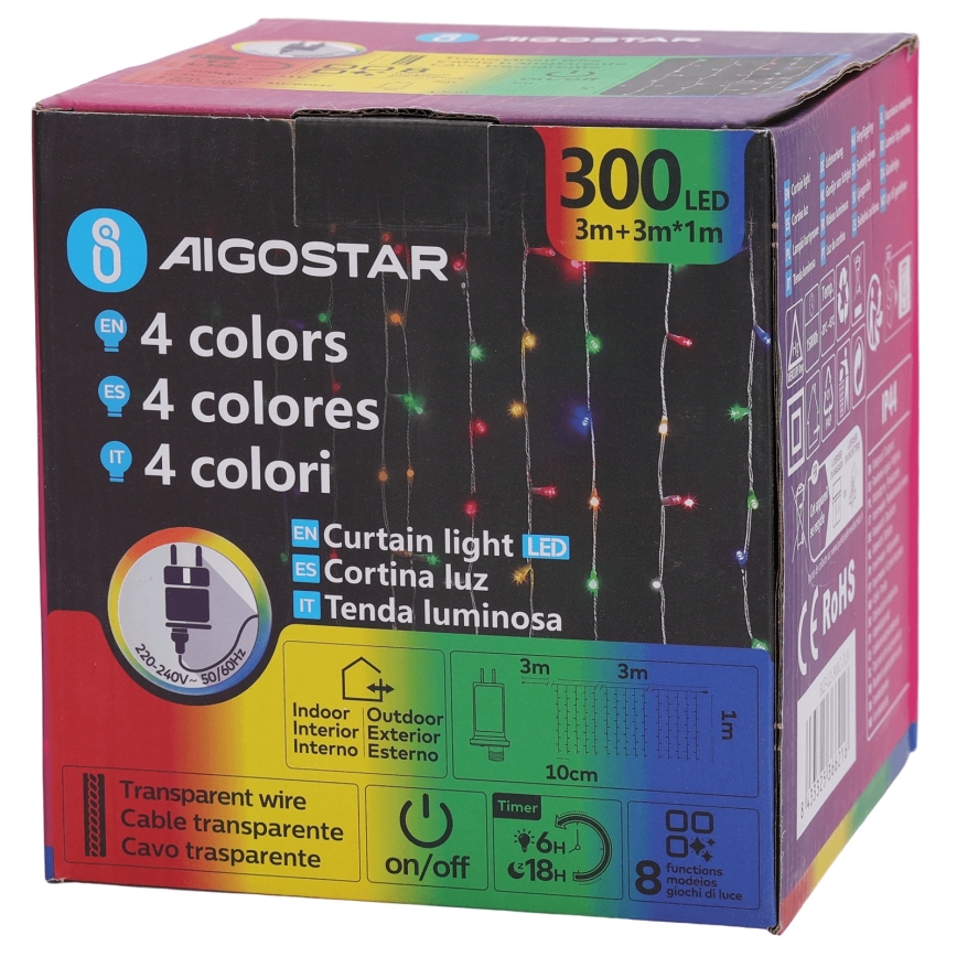 Aigostar - LED RGBY ulkovaloketju 300 LEDiä/8 toimintoa 3x1m IP44 + kaukosäädin