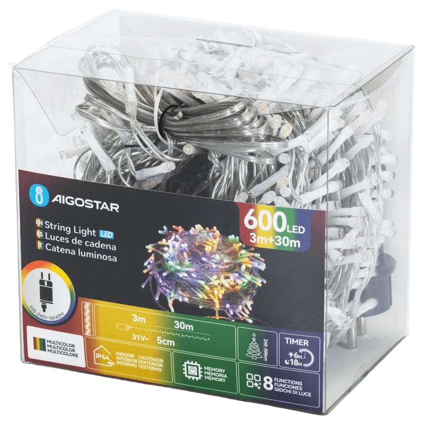 Aigostar - LED-ulkokäyttöinen jouluvalosarja 600xLED/8 toimintoa 30m IP44 monivärinen