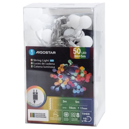 Aigostar - LED-ulkokäyttöön tarkoitettu koristevaloketju 50 x LED, 8 toimintoa, 5 m, IP44, monivärinen