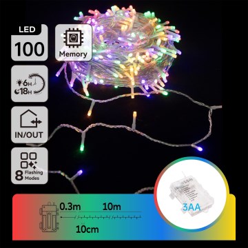 Aigostar - LED-ulkoiset jouluvalot 100xLED/8 toimintoa 3xAA 10,3m IP44 moniväriset