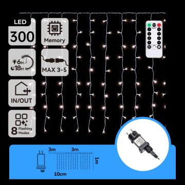 Aigostar - LED-ulkojouluketju 300xLED/8 toimintoa 3x1m IP44 kylmänvalkoinen + kaukosäädin
