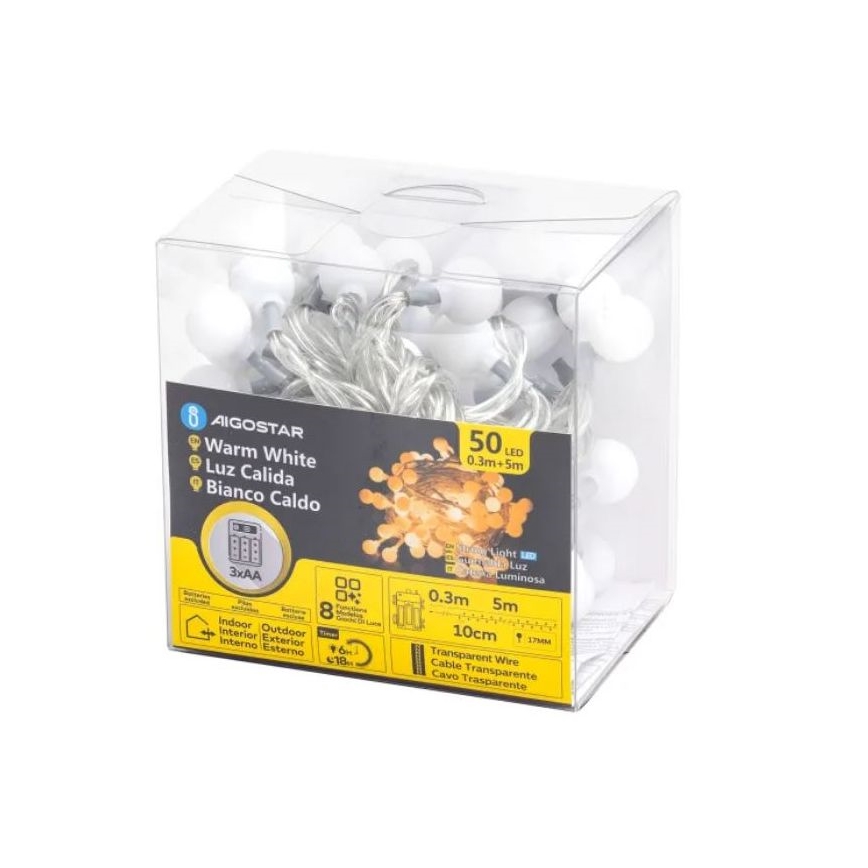 Aigostar - LED-ulkojouluketju 50xLED/3xAA/8 toiminnot 5,3 m IP44 lämpimänvalkoinen