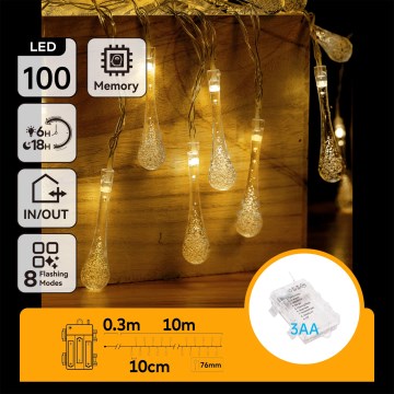 Aigostar - LED-ulkojouluköynnös 100xLED/8 toimintoa 3xAA 10 m IP44 lämmin valkoinen pisarat