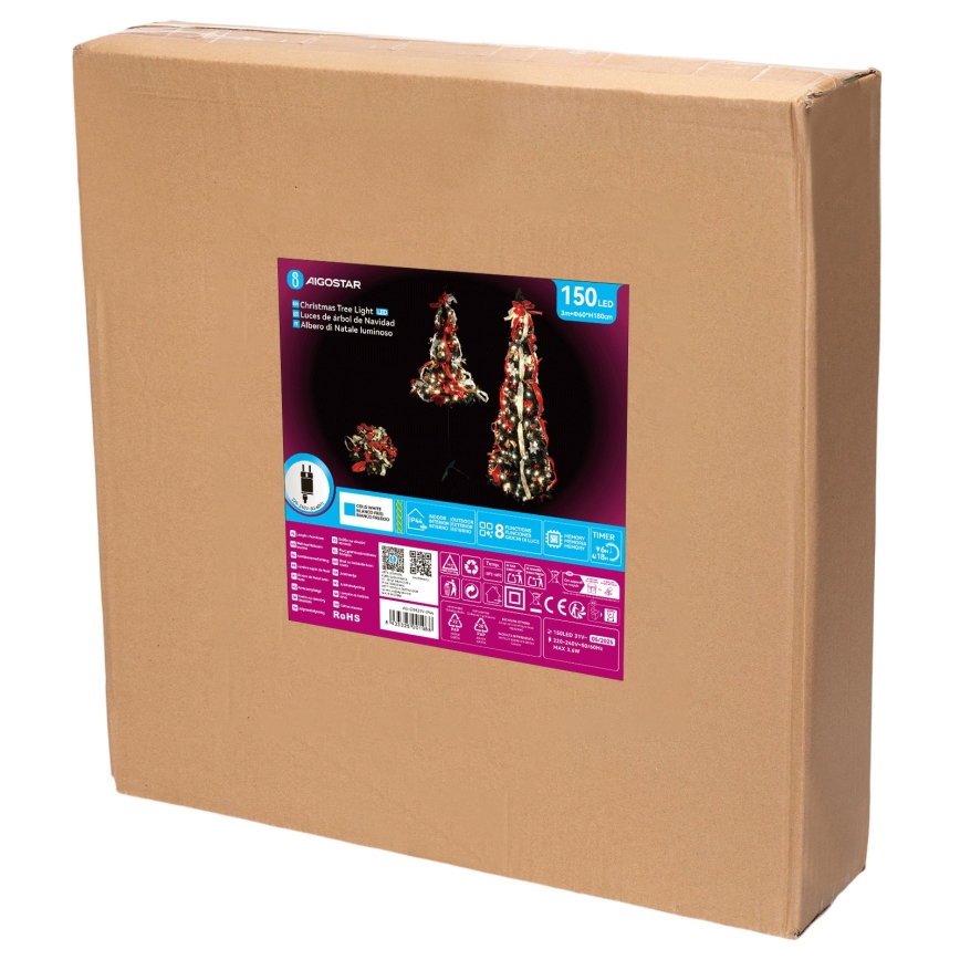 Aigostar - LED-ulkojoulukuusi 150xLED 1,8m IP44 punainen kylmänvalkoinen