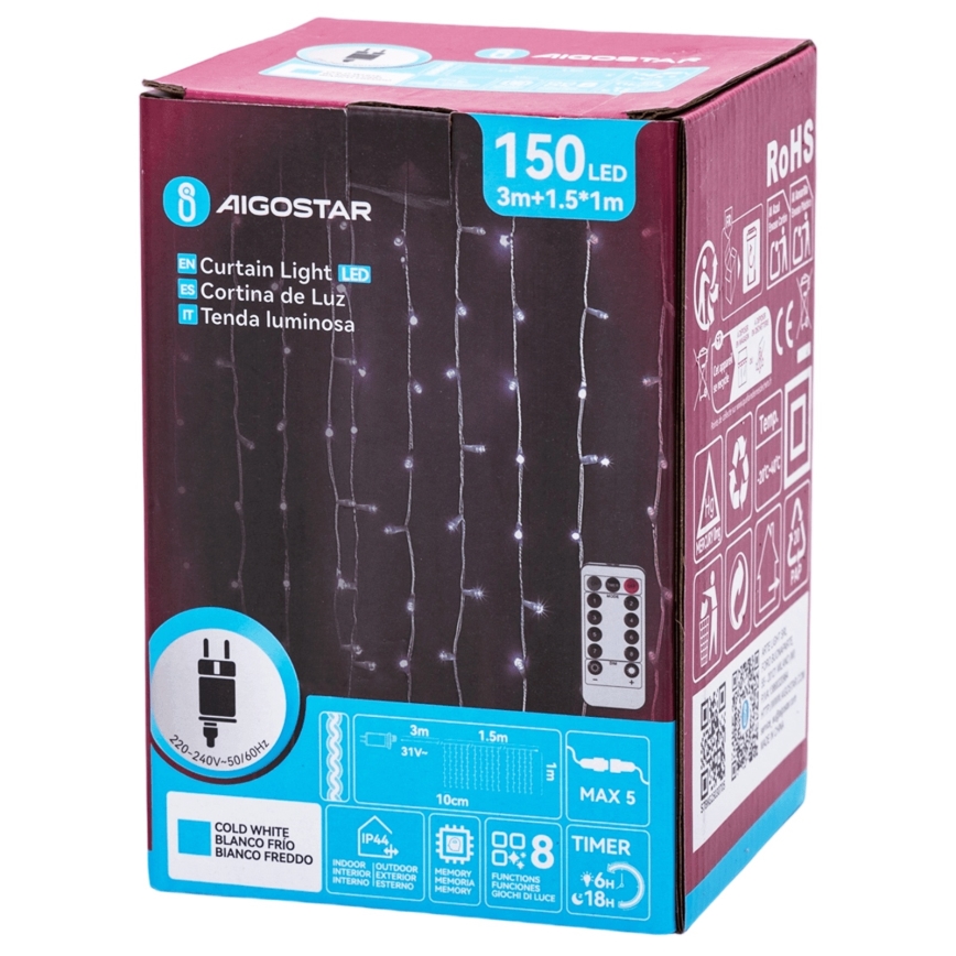 Aigostar - Ulkokäyttöinen jouluvalosarja 150xLED/6W/230V/8 toimintoa 1,5x1m IP44 kylmänvalkoinen + kaukosäädin