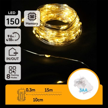 Aigostar - LED-ulkojouluvaloketju 150xLED/8 toimintoa 3xAA 15,3m IP44 lämmin valkoinen