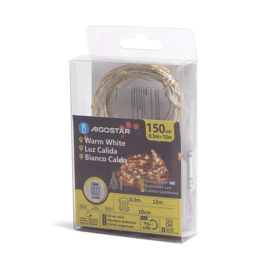 Aigostar - LED-ulkojouluvaloketju 150xLED/8 toimintoa 3xAA 15,3m IP44 lämmin valkoinen