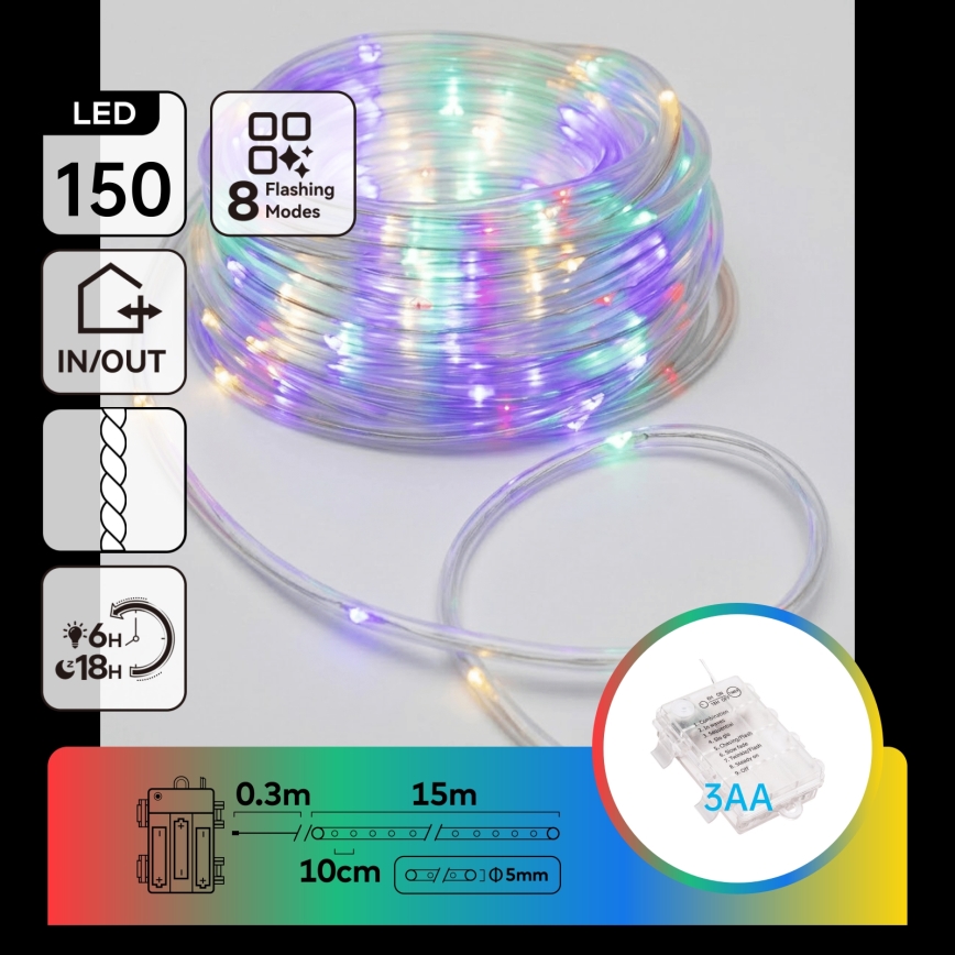 Aigostar - LED-ulkojouluvaloketju 150xLED/8 toimintoa 3xAA 15,3m IP44 monivärinen