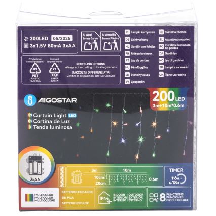 Aigostar - LED-ulkokäyttöinen joulukoristevalosarja 200xLED/8 toimintoa 3xAA 13x0,6 m IP44 monivärinen