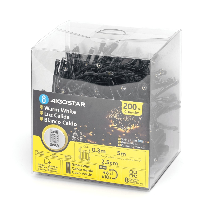 Aigostar - LED-ulkojouluvaloketju 200xLED/8 toimintoa 3xAA 5,3m IP44 lämmin valkoinen