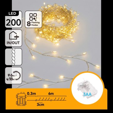 Aigostar - LED ulkojouluvaloketju 200xLED/8 toimintoa 3xAA 6,3m IP44 lämmin valkoinen