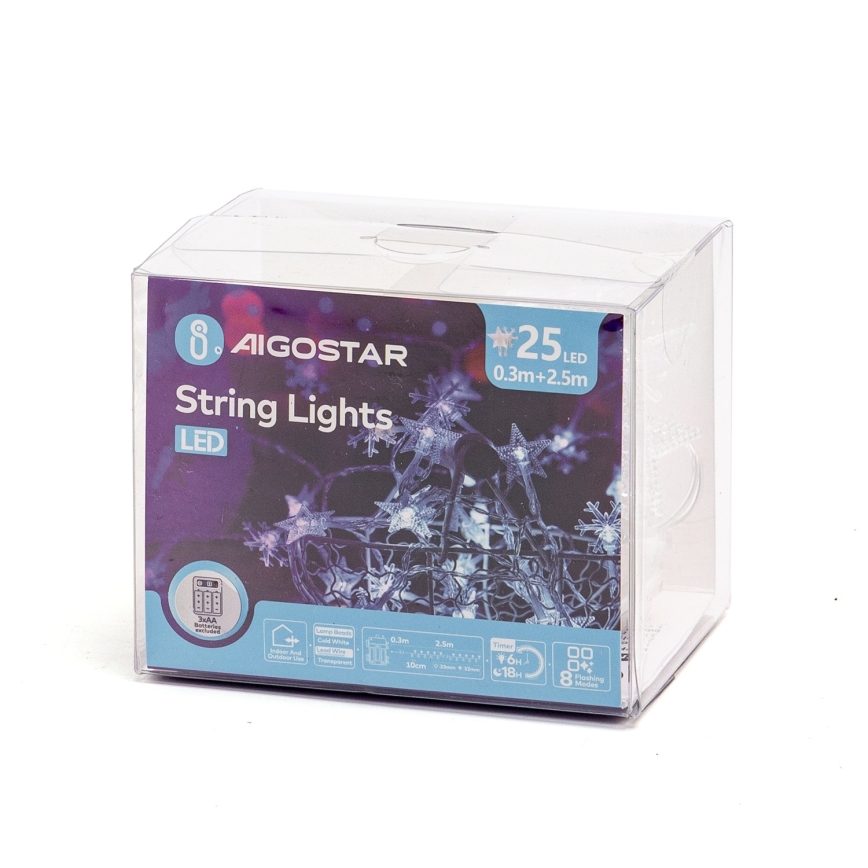 Aigostar - LED-ulkovalosarja 25xLED/8 toimintoa 3xAA 2,5 m IP44 kylmänvalkoinen
