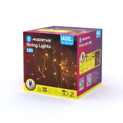 Aigostar - LED-ulkojouluvaloketju 400xLED/8 toimintoa 23x0,4m IP44 lämmin valkoinen
