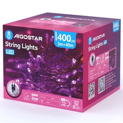 Aigostar - LED ulkojouluvaloketju 400xLED/8 toimintoa 43m IP44 vaaleanpunainen
