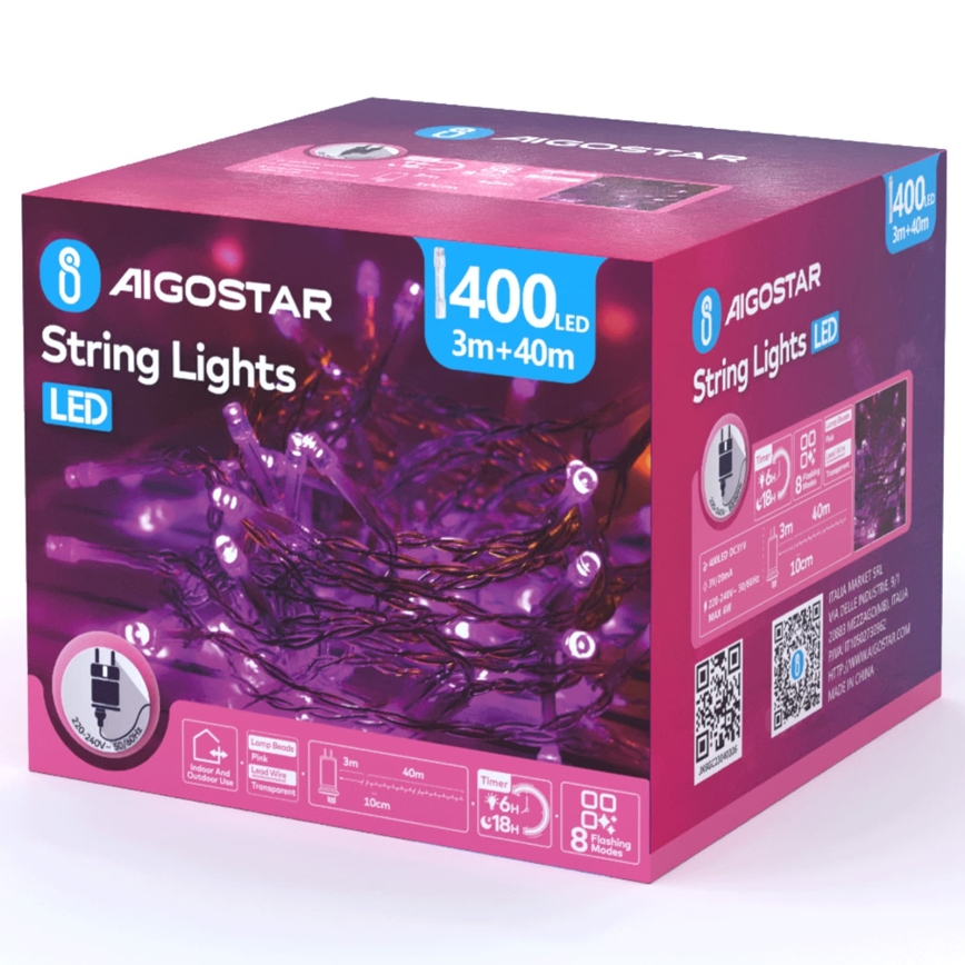 Aigostar - LED ulkojouluvaloketju 400xLED/8 toimintoa 43m IP44 vaaleanpunainen