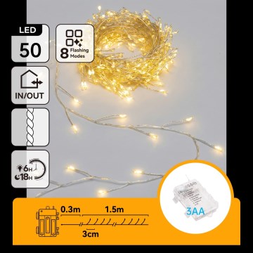 Aigostar - LED-ulkojouluvaloketju 50 LEDiä / 8 toimintoa 3xAA 1,8 m IP44 lämmin valkoinen