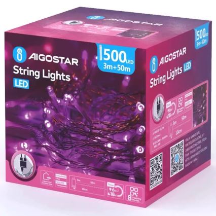 Aigostar - LED ulkovalosarja 500xLED/8 toimintoa 53m IP44 vaaleanpunainen