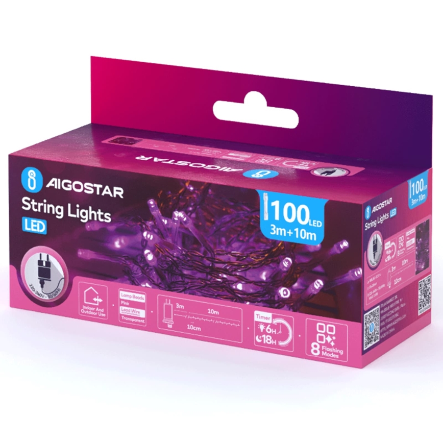 Aigostar - LED-ulkojouluvalosarja, 100 LED, 8 toimintoa, 13 m, IP44, vaaleanpunainen
