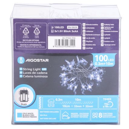 Aigostar - LED-ulkovalosarja 100xLED/8 toimintoa 3xAA 10 m IP44 kylmänvalkoinen