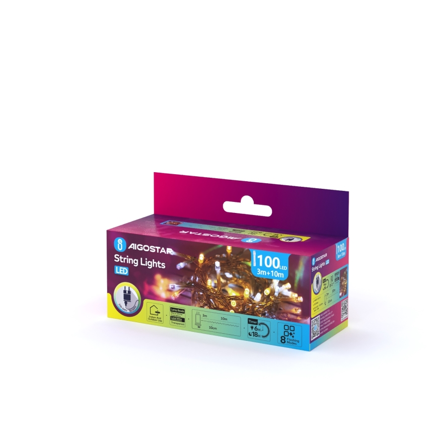 Aigostar - LED-ulkojouluvalosarja 100xLED/8 toimintoa 13m IP44 lämmin valkoinen/viileä valkoinen