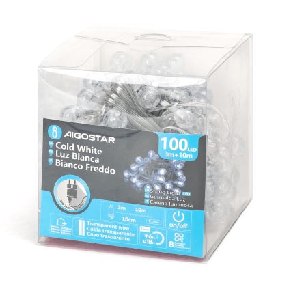 Aigostar - LED-ulkojouluvalosarja 100xLED/8 toimintoa 13m IP44 kylmänvalkoinen