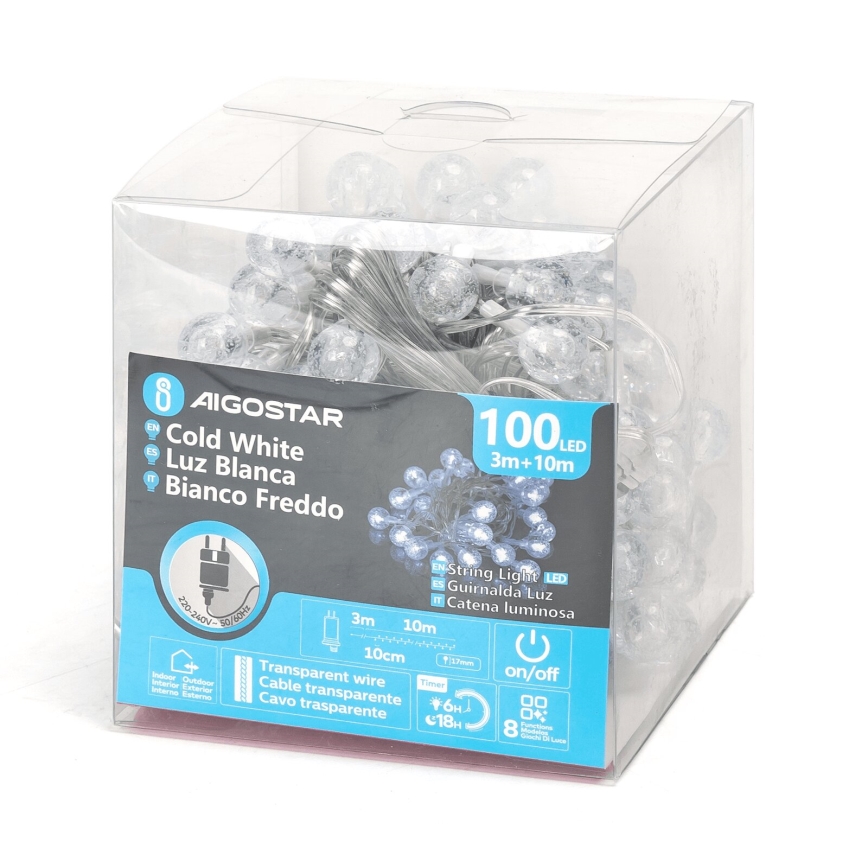 Aigostar - LED-ulkojouluvalosarja 100xLED/8 toimintoa 13m IP44 kylmänvalkoinen