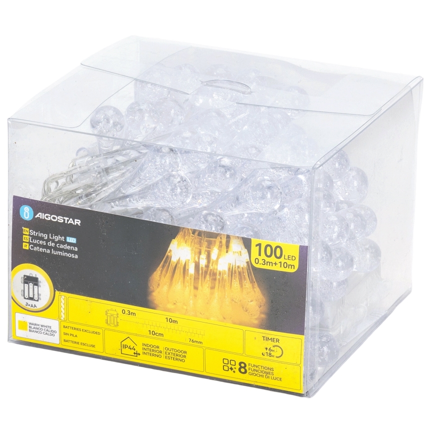 Aigostar - LED-ulkojouluvalosarja 100×LED, 8 toimintoa, 3×AA, 10 m, IP44, lämminvalkoinen, pisarat