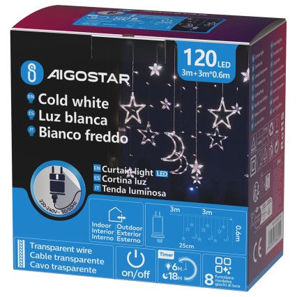 Aigostar - LED-ulkovaloketju 120xLED/6W/230V/8 toimintoa 3x0,6m IP44 kylmänvalkoinen + kauko-ohjain