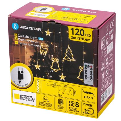Aigostar - LED-ulkojouluvaloketju 120xLED/8 toimintoa 3x0,6m IP44 lämmin valkoinen + kaukosäädin