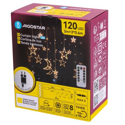 Aigostar - LED ulkokäyttöön tarkoitettu jouluketju 120xLED/6W/230V/8 toimintoa 3x0,6m IP44 lämmin valkoinen + kaukosäädin